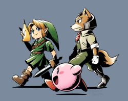 Rule 34 | 1other, 2boys, aged down, blonde hair, blue eyes, boots, fox mccloud, from side, furry, furry male, gloves, grey background, hat, kirby, kirby (series), link, male focus, mask, multiple boys, nintendo, open mouth, pointy ears, sayoyonsayoyo, shield, short hair, simple background, smile, star fox, super smash bros., sword, tail, the legend of zelda, the legend of zelda: majora&#039;s mask, the legend of zelda: ocarina of time, tunic, weapon, young link