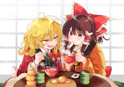 Rule 34 | 2girls, :d, absurdres, blonde hair, blush, bow, bowl, braid, brown hair, chopsticks, commentary request, cup, eating, food, frilled bow, frills, fruit, green neckwear, hair between eyes, hair bow, hair tubes, hakurei reimu, highres, holding, holding bowl, holding chopsticks, indoors, japanese clothes, kirisame marisa, kotatsu, long hair, long sleeves, looking at another, mochi, multiple girls, no headwear, open mouth, orange (fruit), plaid, poprication, red bow, red eyes, ribbon, single braid, sitting, smile, steam, table, touhou, yellow eyes, yellow neckwear, yunomi, zouni soup