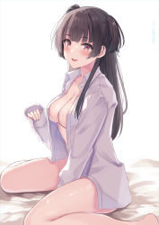 Rule 34 | 1girl, :d, bare legs, barefoot, black hair, blunt bangs, blush, breasts, cleavage, collared shirt, commentary request, hatsu (first snow), highres, idolmaster, idolmaster shiny colors, long hair, long sleeves, looking at viewer, mayuzumi fuyuko, medium breasts, naked shirt, no bra, open clothes, open mouth, open shirt, red eyes, shirt, simple background, sitting, sleeves past wrists, smile, solo, two side up, wariza, white background, white shirt