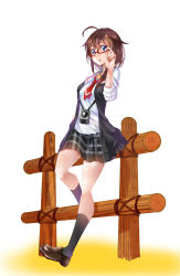 Rule 34 | 1girl, :o, absurdres, adjusting eyewear, ahoge, alternate costume, blue eyes, blush, braid, brown hair, camera, casual, dorashieru, glasses, hair flaps, hair ornament, hair over shoulder, hair ribbon, hand in pocket, hand on eyewear, highres, jewelry, kantai collection, leaning, long sleeves, looking at viewer, neckerchief, open mouth, red-framed eyewear, red neckerchief, red ribbon, ribbon, semi-rimless eyewear, shigure (kancolle), shigure kai ni (kancolle), shirt, shoes, signature, single braid, sitting, sleeves rolled up, socks, solo, thighs, under-rim eyewear, vest, white shirt