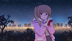 Rule 34 | 1girl, black ribbon, black skirt, brown eyes, brown hair, brown skirt, building, casual, cellphone, cityscape, coat, commentary, dated, girls und panzer, glasses, hair ribbon, highres, holding, holding phone, hood, hooded coat, leaning back, long hair, long sleeves, looking at viewer, night, night sky, one-hour drawing challenge, oono aya, open clothes, open coat, open mouth, phone, pink coat, pleated skirt, revision, ribbon, rimless eyewear, round eyewear, shinmai (kyata), skirt, sky, smartphone, solo, standing, star (sky), starry sky, twintails