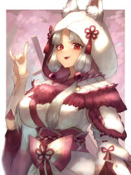Rule 34 | 1girl, absurdres, bare shoulders, detached sleeves, fox mask, highres, hood, japanese clothes, long hair, looking at viewer, mask, mizutsune (armor), monster hunter (series), monster hunter rise, parted lips, red eyes, shiburingaru, simple background, smile, solo, touhoku itako, voiceroid, white background, white hair