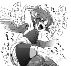 Rule 34 | 1boy, feathered wings, kid icarus, kid icarus uprising, male hand, monochrome, nintendo, pit (kid icarus), short hair, tickling, translation request, white background, wings
