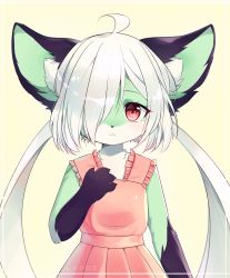 Rule 34 | 1girl, :&lt;, ahoge, animal ear fluff, animal ears, animal hands, artist name, blush, border, child, claws, closed mouth, dress, expressionless, female focus, flat chest, furry, furry female, grey hair, hair over one eye, hand up, highres, japanese text, light blush, long hair, looking at viewer, methynecros, original, outside border, pink dress, red eyes, simple background, sleeveless, sleeveless dress, solo, standing, straight-on, translated, twintails, upper body, watermark, white border, yellow background