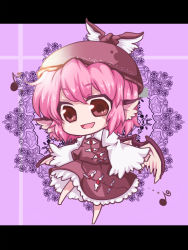 Rule 34 | 1girl, animal ears, barefoot, bow, chibi, dress, female focus, flower, full body, hair bow, hat, legs, letterboxed, long sleeves, musical note, mystia lorelei, no nose, open mouth, pink hair, plant, red eyes, short hair, smile, solo, standing, standing on one leg, touhou, wide sleeves, wings, yoshi yoru, yuya (night lily)