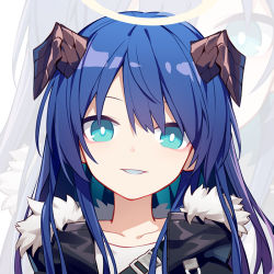 Rule 34 | 1girl, aqua eyes, arknights, blue hair, collarbone, fur trim, halo, horns, jacket, long hair, looking at viewer, mostima (arknights), parted lips, portrait, quan (kurisu tina), smile, solo, zoom layer