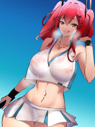Rule 34 | 1girl, akire (akireru shoujo), azur lane, bare shoulders, blue sky, breasts, bremerton (azur lane), bremerton (scorching-hot training) (azur lane), cleavage, covered erect nipples, crop top, crop top overhang, crossed bangs, curvy, day, from below, hair between eyes, hair ornament, headgear, heart, heart necklace, highres, holding, holding racket, jewelry, large breasts, licking lips, midriff, miniskirt, mole, mole under eye, multicolored hair, navel, navel piercing, necklace, no bra, panties, piercing, pleated skirt, racket, red eyes, red hair, see-through, shirt, sidelocks, skirt, sky, sleeveless, sleeveless shirt, sportswear, standing, stomach, streaked hair, tennis racket, tennis uniform, thighs, tongue, tongue out, two-tone shirt, two-tone skirt, two side up, underwear, white panties, wristband, x hair ornament