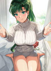 Rule 34 | 1girl, asymmetrical bangs, blush, box, breasts, earrings, fire emblem, fire emblem: the blazing blade, gift, gift box, green eyes, green hair, high ponytail, highres, jewelry, large breasts, long hair, long sleeves, looking at viewer, lyn (fire emblem), nintendo, ormille, outstretched arms, ponytail, ribbed sweater, sitting, smile, solo, sweater, thighs, turtleneck, turtleneck sweater, wariza, white sweater