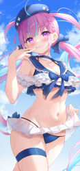 Rule 34 | 1girl, absurdres, ahoge, bikini, bikini skirt, blue bikini, blue choker, blue headwear, blue sky, blush, bow, braid, breasts, choker, cleavage, cloud, cloudy sky, collarbone, cowboy shot, finger to mouth, frilled bikini, frilled skirt, frills, hair bow, highres, hololive, keikei (kitty colors), long hair, looking at viewer, minato aqua, multicolored hair, nail polish, navel, off shoulder, pink hair, purple eyes, sidelocks, skindentation, skirt, skirt hold, sky, small breasts, smile, solo, stomach, streaked hair, swimsuit, thigh strap, thighs, twintails, virtual youtuber, wet, white skirt