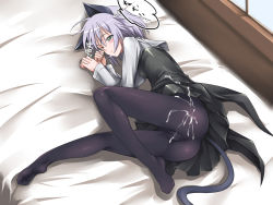 Rule 34 | 00s, 1girl, animal ears, bed, black pantyhose, censored, cum, cum on ass, cum on body, cum on clothes, cum on lower body, feet, green eyes, hamihe, legs, lying, one eye closed, pantyhose, purple hair, sanya v. litvyak, sleeping, sleepy, solo, strike witches, tail, translated, wink, world witches series