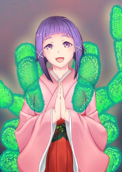 Rule 34 | 1girl, bug, highres, japanese clothes, kimono, looking at viewer, nurie (hanaikai), open mouth, purple eyes, purple hair, smile, solo, spider