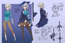 Rule 34 | blue eyes, blue gloves, blue headwear, blue shirt, boots, centurii-chan (artist), character sheet, closed eyes, closed mouth, coat, commentary, english commentary, english text, flower, from side, full body, gloves, hat, hat flower, highres, jacket, long sleeves, original, pants, pantyhose, profanity, rapier, rapier-chan (centurii), sheath, sheathed, shirt, single sidelock, sketch, smug, standing, sword, thigh boots, weapon, white hair, wide brim