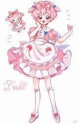 Rule 34 | 1girl, apron, bad id, bad twitter id, blush, bow, character name, dress, eyes visible through hair, flower, frilled skirt, frilled sleeves, frills, full body, hair bow, hand to head, hand up, highres, looking at viewer, my sweet piano, open mouth, personification, pink hair, pink theme, plaid, puffy short sleeves, puffy sleeves, sanrio, sheep, shoes, short hair, short sleeves, simple background, skirt, socks, solo, standing, white background, yalmyu