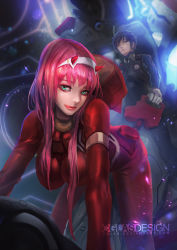 Rule 34 | 10s, 1boy, 1girl, black hair, bodysuit, breasts, cglas, couple, darling in the franxx, gloves, green eyes, hairband, hiro (darling in the franxx), horns, large breasts, long hair, looking at viewer, oni horns, pilot suit, pink hair, red bodysuit, red horns, short hair, white gloves, white hairband, zero two (darling in the franxx)