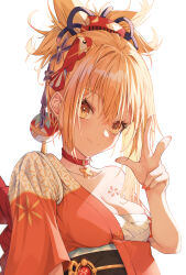Rule 34 | 1girl, blonde hair, breasts, cleavage, closed mouth, genshin impact, hair between eyes, half updo, highres, japanese clothes, kimono, looking at viewer, medium breasts, nail polish, open clothes, open kimono, orange kimono, orange nails, sarashi, simple background, smile, solo, upper body, w, white background, yellow eyes, yenhua, yoimiya (genshin impact)