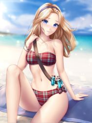 Rule 34 | 1girl, alternate costume, bandeau, beach, between breasts, bikini, blonde hair, blue eyes, blurry, blush, bokeh, bracelet, breasts, day, depth of field, embarrassed, female focus, gigamessy, hairband, head tilt, headband, jewelry, knee up, league of legends, long hair, looking at viewer, lux (league of legends), medium breasts, navel, outdoors, parted lips, plaid, plaid bikini, plaid swimsuit, red bikini, sitting, solo, strap between breasts, strapless, strapless bikini, swimsuit