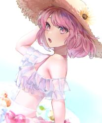 Rule 34 | 1girl, bikini, blush, breasts, hat, highres, indie utaite, mebuki (moon angel 4), medium breasts, nqrse, open mouth, pink eyes, puffy chest, purple hair, solo, straw hat, swimsuit