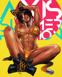 Rule 34 | 1girl, abs, absurdres, animal hat, ankle boots, arm up, armpits, axis (monori rogue), bikini, black footwear, black gloves, black hair, black nails, boots, breasts, cat hat, character name, commentary, covered erect nipples, dark-skinned female, dark skin, electric plug, english commentary, eyeshadow, fingerless gloves, full body, gloves, hair between eyes, hat, head tilt, highres, indian style, lips, makeup, medium breasts, micro bikini, monori rogue, multicolored hair, nail polish, navel, nose, orange bikini, original, red eyes, shiny skin, shoes, sitting, solo, spread legs, swimsuit, tail, toned, two-tone hair, underboob, untied bikini, untied footwear, white hair