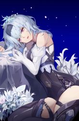 Rule 34 | 1girl, absurdres, bare shoulders, black shorts, black thighhighs, blue background, blue hair, blue hairband, detached sleeves, eula (genshin impact), female focus, flower, genshin impact, gradient background, hairband, high-waist shorts, highres, light particles, long hair, long sleeves, looking away, looking down, open mouth, purple eyes, rose, shorts, sitting, solo, thighhighs, vsa (xmj173178), white flower, white rose