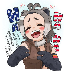 Rule 34 | +++, 1girl, :d, american beaver (kemono friends), american flag, animal ears, antenna hair, appleq, bare shoulders, beaver ears, black gloves, blush, brown vest, collared vest, commentary request, detached collar, elbow gloves, closed eyes, fur collar, furrowed brow, gloves, grey hair, hair ornament, hairclip, high collar, highres, kemono friends, laughing, long hair, multicolored hair, open mouth, sidelocks, smile, solo, teeth, torn clothes, torn sleeves, translation request, upper body, upper teeth only, vest, |d