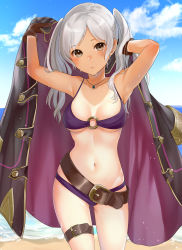 Rule 34 | 1girl, armpits, arms up, belt, belt buckle, bikini, black coat, blue sky, blush, breasts, brown eyes, brown gloves, buckle, cleavage, closed mouth, cloud, coat, collarbone, cowboy shot, day, fire emblem, fire emblem awakening, fire emblem heroes, gloves, haru (nakajou-28), highres, jewelry, lens flare, long hair, looking at viewer, medium breasts, navel, necklace, nintendo, o-ring, o-ring bikini, o-ring top, one-piece tan, open clothes, open coat, outdoors, parted bangs, purple bikini, robin (female) (fire emblem), robin (fire emblem), silver hair, sky, solo, stomach, swimsuit, tan, tanline, thigh strap, twintails, underboob, undressing