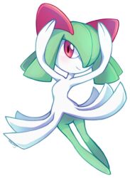 Rule 34 | ambunny, arms up, artist name, blush, colored skin, creatures (company), dancing, game freak, gen 3 pokemon, green hair, hair over one eye, kirlia, looking at viewer, multicolored skin, nintendo, pink eyes, pokemon, pokemon (creature), smile, two-tone skin, white skin