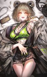 Rule 34 | 1girl, absurdres, akqne, blush, bodystocking, bra, breasts, brown choker, brown dress, brown necktie, choker, coat, commission, crossed legs, double bun, dress, earrings, feet out of frame, fishnets, girls&#039; frontline, green bra, green nails, green panties, green sports bra, grey coat, hair bun, hair ornament, hairclip, hand on own stomach, highres, holding necktie, jewelry, light brown hair, looking at viewer, lying, medium breasts, nail polish, necktie, official alternate costume, on back, open clothes, open coat, open dress, open mouth, p90 (girls&#039; frontline), p90 (the girl from b.e.l) (girls&#039; frontline), panties, red eyes, short hair, skeb commission, smile, solo, sports bra, teeth, underwear, upper teeth only