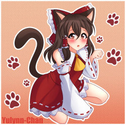 Rule 34 | 1girl, :o, animal ears, artist name, ascot, bare shoulders, blush, bow, brown eyes, brown hair, cat ears, cat tail, commentary, detached sleeves, diagonal stripes, frilled bow, frills, gradient background, hair between eyes, hair bow, hair tubes, hakurei reimu, hand up, kemonomimi mode, long hair, long sleeves, looking at viewer, miniskirt, open mouth, orange background, outline, paw pose, paw print, petticoat, red bow, red skirt, ribbon-trimmed skirt, ribbon-trimmed sleeves, ribbon trim, seiza, sidelocks, sitting, skirt, skirt set, solo, striped, striped background, tail, touhou, white outline, wide sleeves, yellow ascot, yulynn-chan