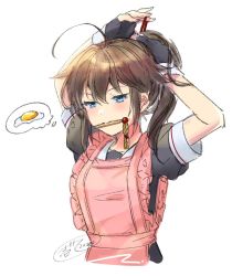 Rule 34 | 1girl, ahoge, alternate hairstyle, apron, black gloves, black hair, black serafuku, blue eyes, braid, egg (food), egg yolk, fingerless gloves, food, frilled apron, frills, gloves, hair flaps, hair ornament, holding, holding own hair, ittokyu, kantai collection, mouth hold, pink apron, ponytail, school uniform, serafuku, shigure (kancolle), shigure kai ni (kancolle), simple background, solo, sunny side up egg, thought bubble, white background