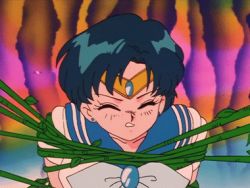 Rule 34 | 1girl, animated, animated gif, bishoujo senshi sailor moon, blue hair, bound, bow, breasts, choker, clenched teeth, earrings, closed eyes, jewelry, lowres, mizuno ami, plant, sailor mercury, screencap, squeezing, teeth, tiara, tied up, vines, wince