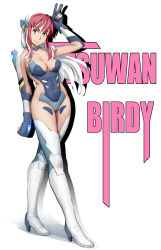 Rule 34 | 1girl, birdy cephon altera, boots, breasts, cleavage, closed mouth, covered navel, elbow gloves, gloves, green eyes, highres, long hair, looking at viewer, medium breasts, multicolored hair, pink hair, smile, solo, tetsuwan birdy decode, thigh boots, thighhighs, two-tone hair, v, white background, white hair, youguang liangliang