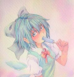 Rule 34 | 1girl, blue eyes, blue hair, bow, bowtie, cirno, eating, food, hair bow, highres, ice, ice wings, looking at viewer, matching hair/eyes, painting (medium), pink background, popsicle, puffy short sleeves, puffy sleeves, short hair, short sleeves, solo, touhou, traditional media, upper body, watercolor (medium), wings, yuyu (00365676)