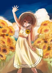Rule 34 | 1girl, :d, alternate costume, belt, brown hair, cloud, cloudy sky, dirt road, dress, elun (elun 00), field, flower, flower field, grass, hair down, hat, highres, hololive, hololive english, jewelry, long hair, nanashi mumei, necklace, open mouth, road, sketch, sky, smile, solo, straw hat, sundress, sunflower, sunflower field, very long hair, virtual youtuber, waving, yellow eyes