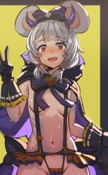 Rule 34 | 1girl, animal ears, black bow, black cape, black gloves, black hood, bow, bow (bhp), breasts, cape, gloves, granblue fantasy, green background, grey hair, hair bow, hood, hooded cape, looking at viewer, mouse ears, navel, open mouth, red eyes, short hair, small breasts, solo, suspenders, sweat, teeth, upper teeth only, v, vikala (granblue fantasy)