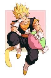 Rule 34 | 1boy, absurdres, biceps, blonde hair, boots, closed mouth, collarbone, dougi, dragon ball, dragonball z, earrings, full body, gloves, green eyes, hair between eyes, hand up, head rest, head tilt, highres, invisible chair, jewelry, knee up, looking at viewer, male focus, monkey tail, muscular, muscular male, one eye closed, orange sash, orange shirt, pectorals, pillow, pink background, potara earrings, relio db318, sash, shirt, short sleeves, simple background, sitting, smile, solo, spiked hair, super saiyan, super saiyan 1, tail, two-tone background, v-shaped eyebrows, vegetto, white background, white footwear, white gloves