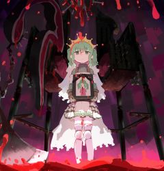 Rule 34 | 1girl, armor, armored boots, blood, blood on face, blunt bangs, boots, breastplate, brown gloves, crown, doppel (madoka magica), expressionless, frilled skirt, frills, futaba sana, gloves, green eyes, green hair, green stripes, green sweater, guro, highres, holding, holding photo, iei, looking at viewer, looking down, magia record: mahou shoujo madoka magica gaiden, magical girl, mahou shoujo madoka magica, medium hair, pale skin, photo (object), purple background, ribbed sweater, samidare (hoshi), sidelocks, skirt, solo, standing, striped clothes, striped skirt, sweater, theresia (madoka magica), thigh boots, torture instruments, turtleneck, turtleneck sweater, twintails, veil, wavy hair, white skirt