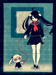 Rule 34 | 2girls, abara tarou, ahoge, aimaina, animal collar, animal hair ornament, arm at side, black dress, black footwear, black hair, black sailor collar, black shirt, black skirt, blue background, blue border, bokura wa minna imi fumei (vocaloid), border, chibi, clenched hand, closed eyes, closed mouth, collar, dot nose, dress, full body, kneehighs, long hair, looking at another, looking up, mary janes, mini person, minigirl, miniskirt, multiple girls, one eye covered, pleated skirt, red collar, red eyes, sailor collar, sailor shirt, shirt, shoes, skirt, smile, socks, standing, swept bangs, twintails, very long hair, white hair, white socks