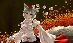Rule 34 | 1girl, animal ears, autumn leaves, bandages, cowboy shot, detached sleeves, expressionless, hat, highres, holding, holding sword, holding weapon, inubashiri momiji, long sleeves, looking at viewer, matsu 84, solo, sword, tail, tokin hat, touhou, weapon, white hair, wide sleeves, wolf ears, wolf tail, yellow eyes