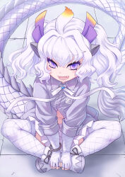 Rule 34 | 1girl, animal ears, boots, bow, bowtie, dragon girl, dragon horns, dragon tail, elbow gloves, extra ears, fang, fingerless gloves, gloves, highres, horns, kemono friends, kosai takayuki, long hair, looking at viewer, purple eyes, purple hair, shirt, simple background, skirt, solo, tail, thighhighs, white dragon (kemono friends)