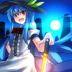 Rule 34 | 1girl, blue hair, bow, female focus, full moon, hat, hinanawi tenshi, kimagure ringo, leaf, light, long hair, moon, open mouth, red eyes, short sleeves, solo, sword, sword of hisou, touhou, very long hair, weapon