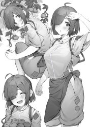 Rule 34 | 1girl, :d, absurdres, ahoge, apron, blush, breasts, closed eyes, commentary, english commentary, greyscale, hand up, highres, kotoribako, large breasts, looking at viewer, looking back, mole, mole under eye, monochrome, multiple views, open mouth, original, shirt, short hair, shorts, simple background, smile, squatting, standing, tomato, tomato plant, waist apron, white background