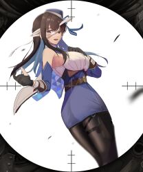 Rule 34 | 1girl, arm up, armpits, bare shoulders, belt, black pantyhose, breasts, brown hair, detached sleeves, floating hair, goddess of victory: nikke, gomattoru, tucking hair, hand on own chest, hat, highres, holster, jacket, large breasts, long hair, looking at viewer, marian (nikke), military, military hat, military uniform, necktie, pantyhose, pouch, purple eyes, sideboob, sleeveless, solo, thigh holster, uniform, white jacket