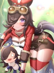 Rule 34 | 1girl, amber (genshin impact), amber (genshin impact) (cosplay), animal ears, black hair, breasts, character doll, cleavage, cosplay, genshin impact, gloves, goggles, goggles on head, hair over one eye, headband, highres, hokuyukis, horse ears, horse girl, horse tail, long hair, looking at viewer, open mouth, rice shower (umamusume), shorts, small breasts, smile, solo, tail, thighhighs, umamusume