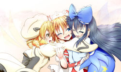 Rule 34 | 3girls, :d, ;d, ^ ^, arm grab, black bow, black hair, blonde hair, blue bow, blue eyes, bow, capelet, closed eyes, dress, drill hair, fairy wings, fang, from behind, gradient background, group hug, hair bow, hand on another&#039;s cheek, hand on another&#039;s face, happy, hat, headdress, highres, hug, juliet sleeves, long hair, long sleeves, looking at another, luna child, multiple girls, obi, one eye closed, open mouth, pink background, puffy sleeves, red hair, sash, short hair, smile, star sapphire, sunny milk, touhou, very long hair, wan tama, white dress, wings, yellow eyes