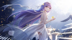 Rule 34 | 1girl, absurdres, animal, backless dress, backless outfit, bird, braid, breasts, closed mouth, commentary, dress, english commentary, gugu clinic, hair between eyes, hand up, highres, maya g, medium breasts, no panties, planetary ring, purple eyes, purple hair, rutice, see-through, sleeveless, sleeveless dress, smile, solo, virtual youtuber, white dress