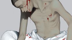 Rule 34 | 1boy, blood, blood on face, blood splatter, blood stain, blood on clothes, brown hair, character request, collarbone, commentary request, copyright request, dripping, furrowed brow, grey background, grey eyes, injury, kondate (inugrm), looking down, male focus, navel, nose, pants, parted lips, ribs, shadow, shirt, topless male, short hair, simple background, very short hair, white pants, white shirt