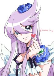 Rule 34 | 1girl, black bow, blue eyes, blue flower, blush, bow, brooch, choker, closed mouth, collarbone, cure moonlight, earrings, flower, hair between eyes, hair flower, hair ornament, heart, heart brooch, heartcatch precure!, jewelry, long hair, looking at viewer, precure, purple hair, simple background, smile, solo, tsukikage oyama, tsukikage yuri, upper body, very long hair, white background, wrist cuffs