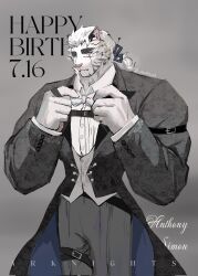 Rule 34 | 1boy, adjusting bowtie, alternate costume, animal ears, arknights, bara, black suit, blue eyes, bow, bowtie, dated, devotion116, empty eyes, expressionless, facial hair, feet out of frame, formal, furry, furry male, goatee, happy birthday, highres, huge eyebrows, jewelry, large hands, leg belt, long hair, low ponytail, male focus, mature male, mountain (arknights), muscular, muscular male, narrow waist, pants, ring, scar, scar across eye, solo, suit, tape, thick eyebrows, tiger boy, tiger ears, white bow, white bowtie, white fur, white hair