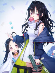 Rule 34 | 2girls, bandaid, bandaid on arm, bandaid on face, bandaid on nose, bare shoulders, black hair, black legwear, blue jacket, blush, breasts, blowing bubbles, c-ms (girls&#039; frontline), cbj-ms, chewing gum, collar, collarbone, diamond (gemstone), drawstring, dress, extended magazine, finger on trigger, foregrip, girls&#039; frontline, gun, hand up, handgun, highres, holding, holding gun, holding weapon, jacket, long hair, long jacket, long sleeves, looking at viewer, machine pistol, medium breasts, messy hair, mole, mole under eye, multiple girls, off shoulder, open clothes, open jacket, open mouth, parted bangs, parted lips, personal defense weapon, pistol, pistol stabilizing brace, pot-palm, red eyes, sash, sidelocks, single thighhigh, sleeveless, sleeveless dress, standing, stock (firearm), stubby grip, submachine gun, teeth, telescoping stock, thigh strap, thighhighs, tongue, tongue out, turtleneck, upper teeth only, v-shaped eyebrows, vertical forward grip, weapon, white dress, zipper, zipper pull tab