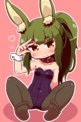 Rule 34 | 1girl, animal ear fluff, animal ears, arm up, bare shoulders, belt collar, blush, breasts, brown eyes, brown pantyhose, closed mouth, collar, collarbone, commentary request, covered navel, etrian odyssey, fake animal ears, full body, green hair, heart, high ponytail, leotard, masurao (sekaiju), naga u, no shoes, outline, pantyhose, pink background, playboy bunny, ponytail, purple leotard, rabbit ears, red collar, sekaiju no meikyuu, sekaiju no meikyuu 5, sitting, small breasts, smile, soles, solo, spread legs, strapless, strapless leotard, thick eyebrows, white outline, wrist cuffs